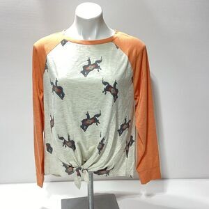 Cruel Denim Shirt Western Bucking Horse Tie Front Long Sleeve T- Shirt Material